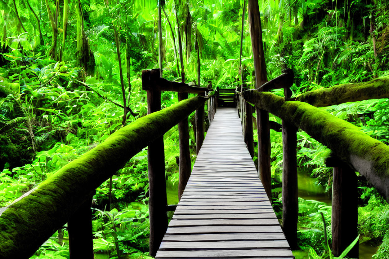 Wooden walkway through lush green forest with ferns and dense foliage