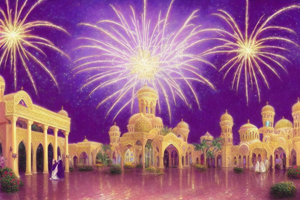 Vibrant Arabian night scene with fireworks over golden buildings
