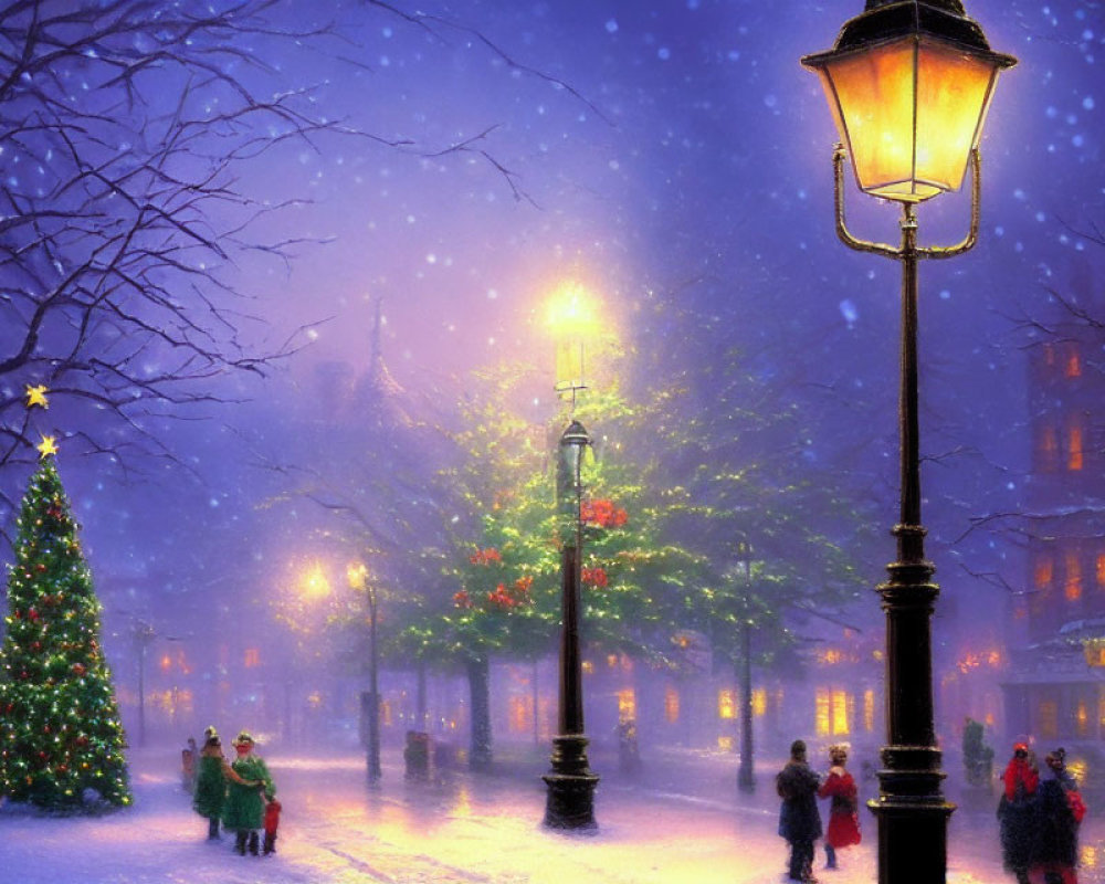 Winter street scene with people, lampposts, snow, and Christmas tree.
