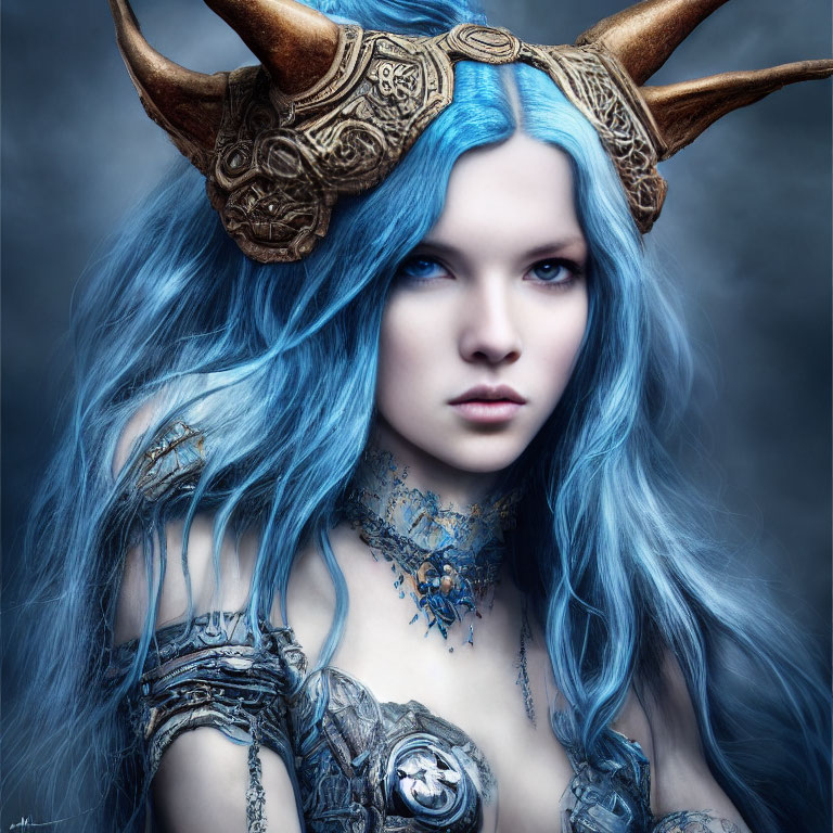 Fantasy-themed character with blue hair in horned helmet and armor