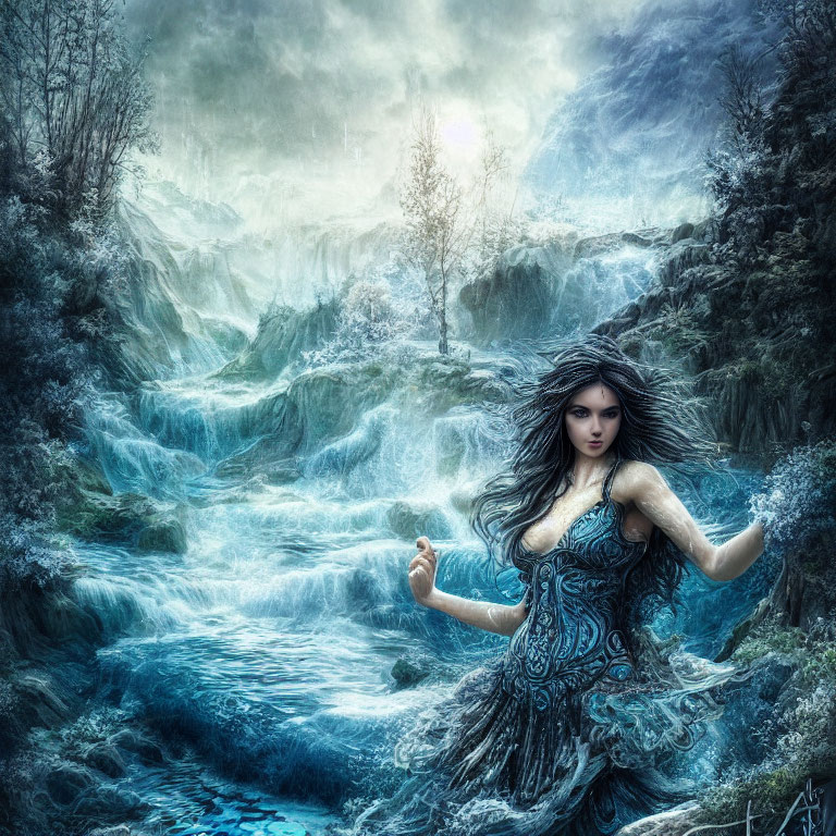 Mystical woman merging with icy blue waterfall landscape