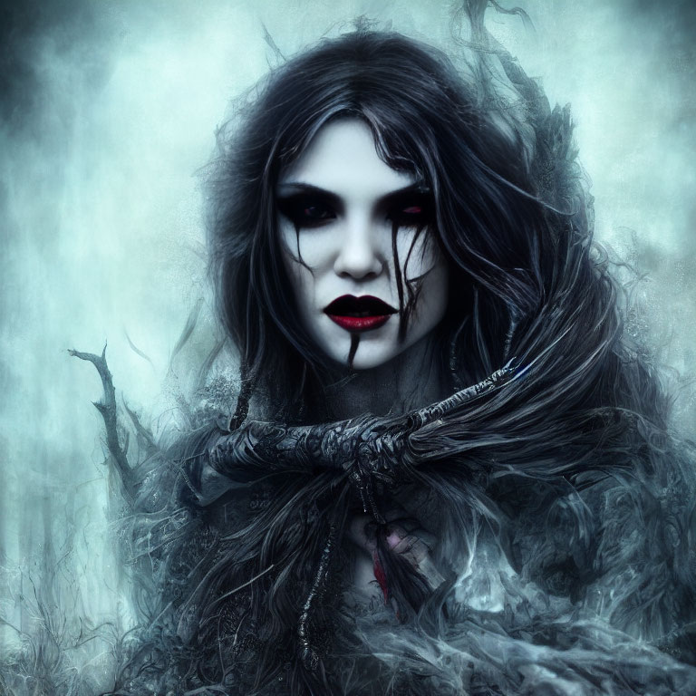 Pale-skinned gothic figure in dark makeup and black lipstick in misty forest.