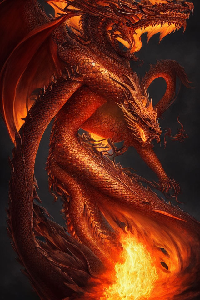Detailed Orange and Red Dragon Breathing Fire on Dark Background