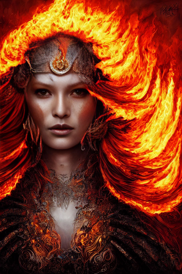 Fiery red-haired woman in ornate dark attire against burning backdrop