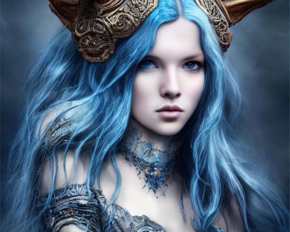 Fantasy-themed character with blue hair in horned helmet and armor