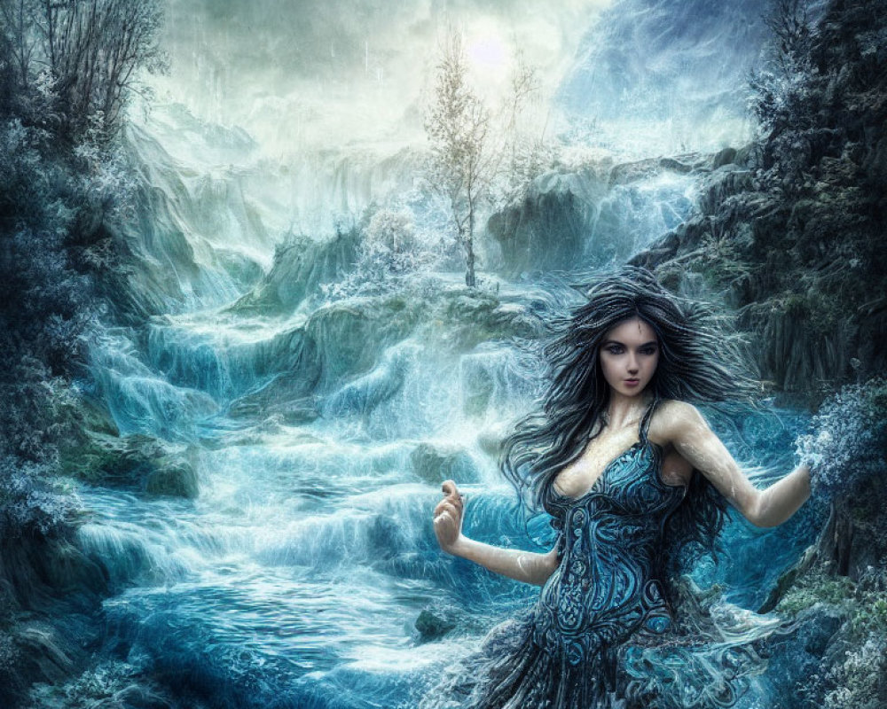 Mystical woman merging with icy blue waterfall landscape
