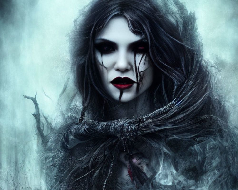 Pale-skinned gothic figure in dark makeup and black lipstick in misty forest.