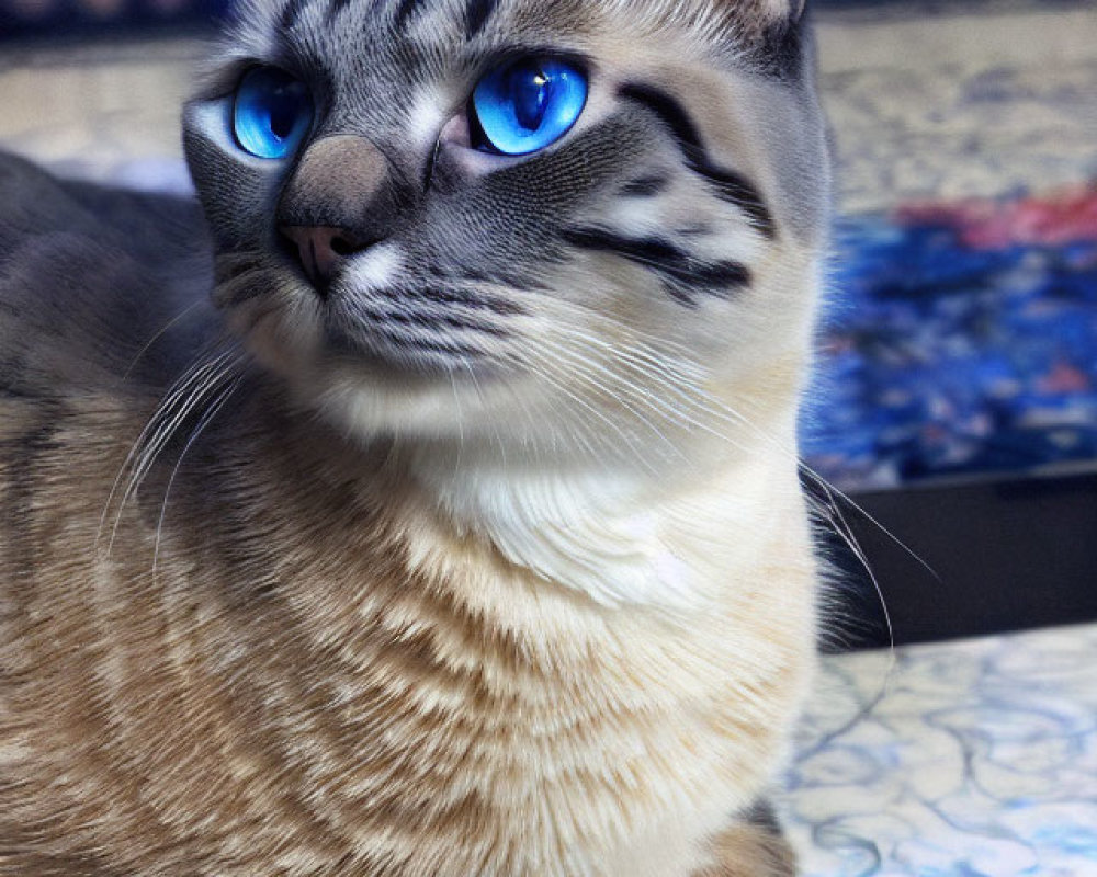 Siamese Cat with Blue Eyes and Tabby Markings on Table