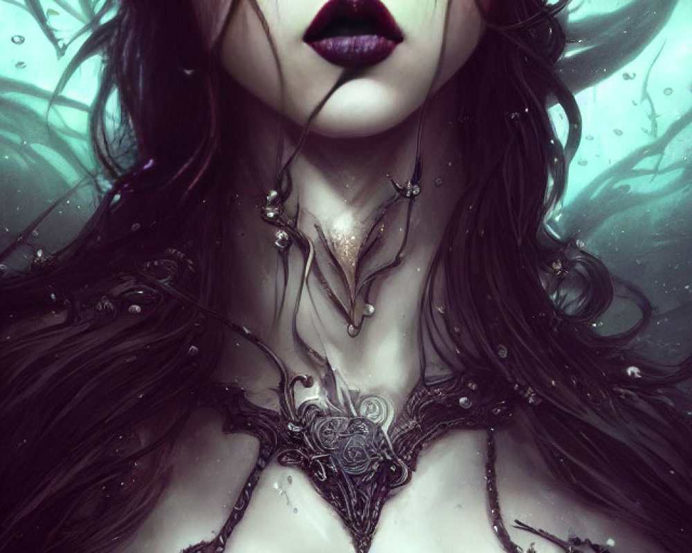 Fantastical Female Figure with Pale Skin and Red Eyes in Gothic Jewelry