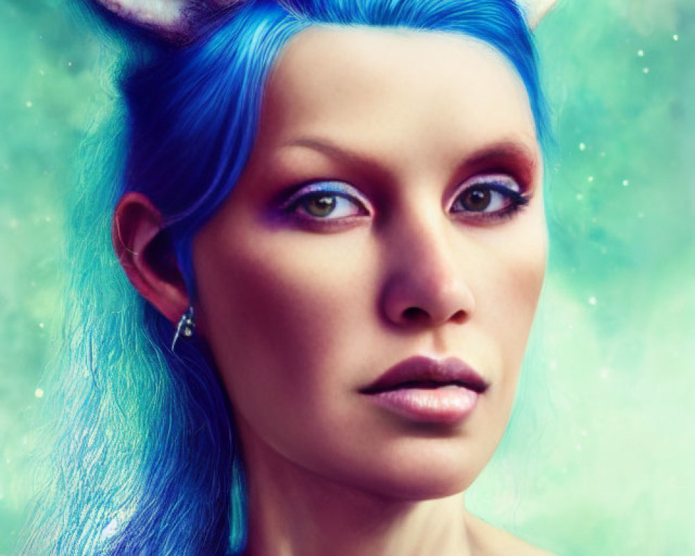 Fantasy portrait of woman with blue hair, animal-like ears, and intricate shoulder tattoo against starry