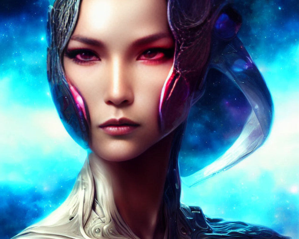 Futuristic female figure with cybernetic enhancements in cosmic setting
