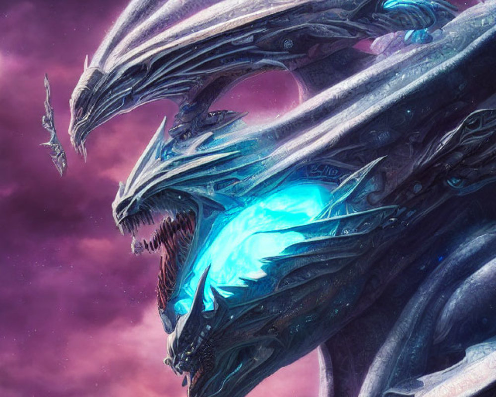 Majestic metallic dragon with glowing blue eyes in purple and pink sky