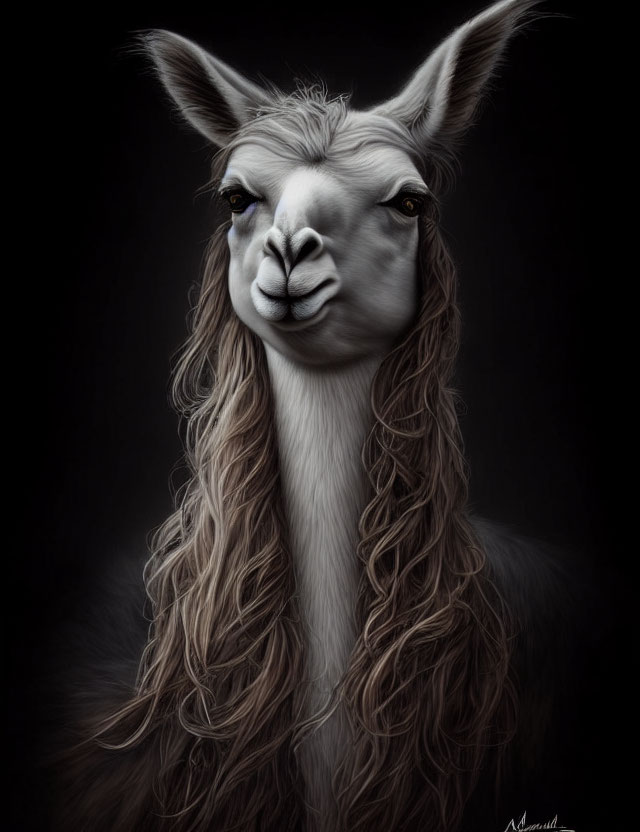 Detailed digital artwork of a calm llama with smooth and wavy fur.