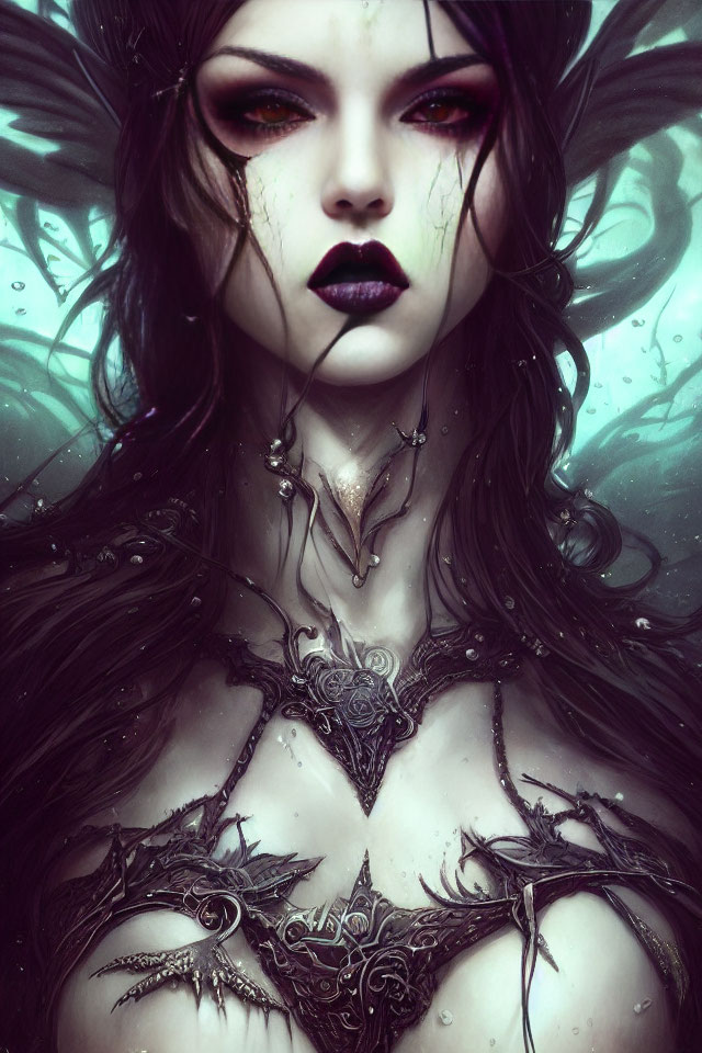 Fantastical Female Figure with Pale Skin and Red Eyes in Gothic Jewelry