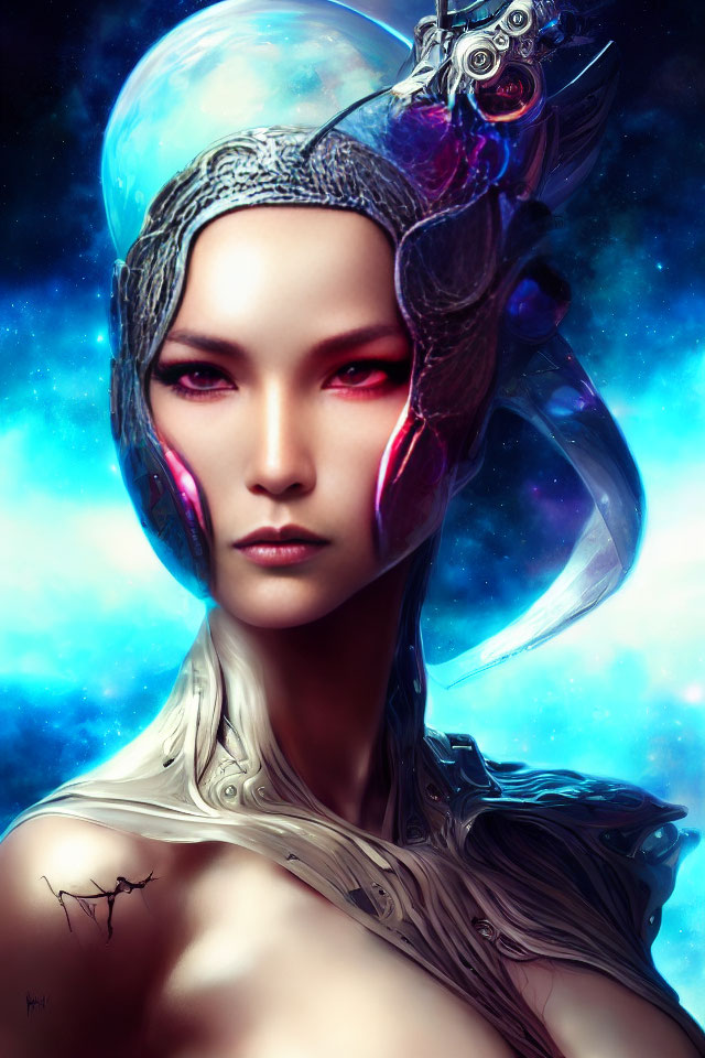 Futuristic female figure with cybernetic enhancements in cosmic setting