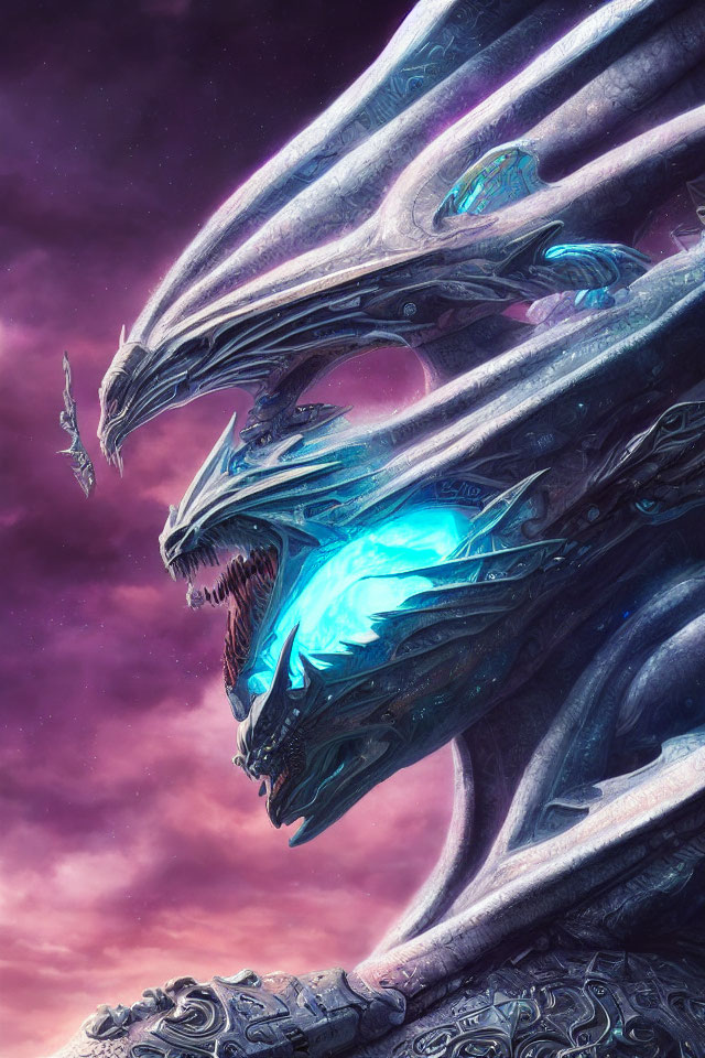 Majestic metallic dragon with glowing blue eyes in purple and pink sky