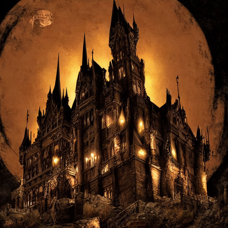 Gothic-style Castle Night Scene with Full Moon