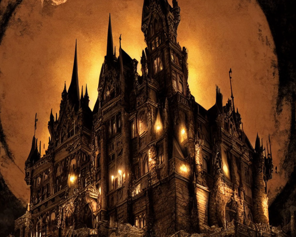 Gothic-style Castle Night Scene with Full Moon