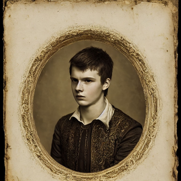 Vintage Oval Border Frames Young Male's Serious Expression
