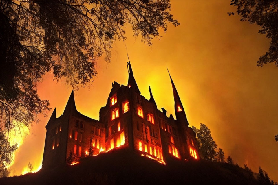 Gothic-style building illuminated by intense orange light from wildfire