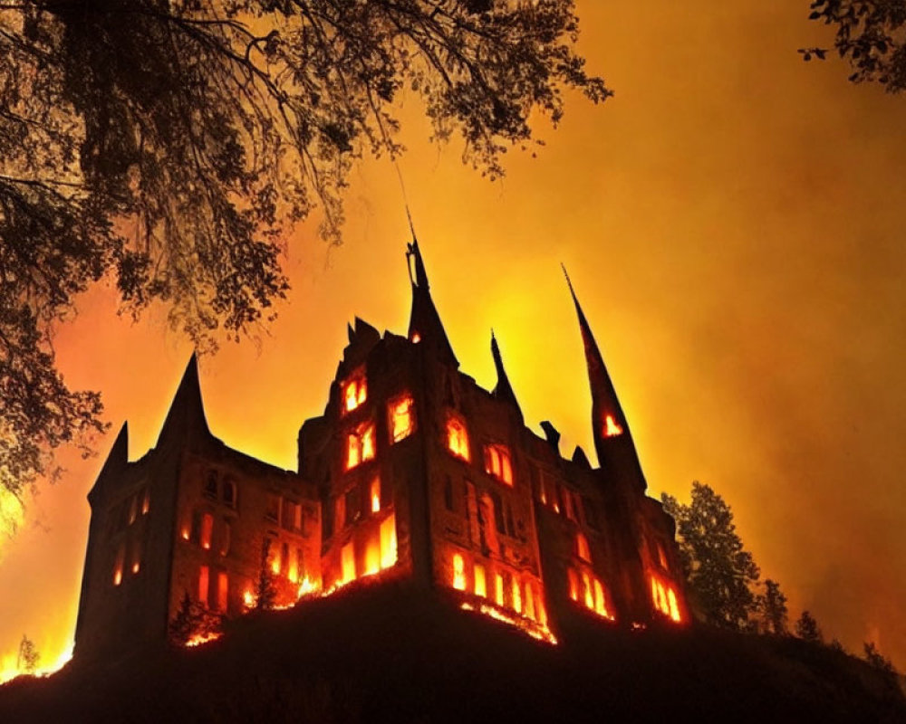 Gothic-style building illuminated by intense orange light from wildfire