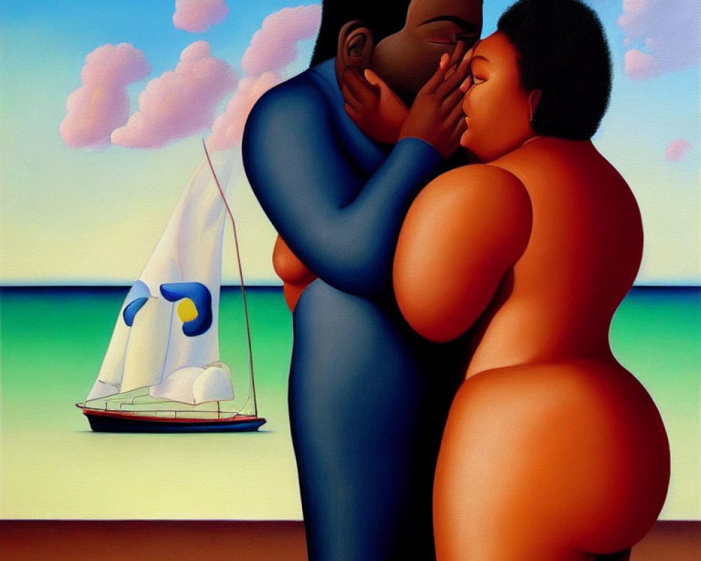 Romantic couple kissing on beach with sailboat and colorful clouds