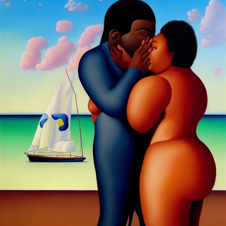 Romantic couple kissing on beach with sailboat and colorful clouds