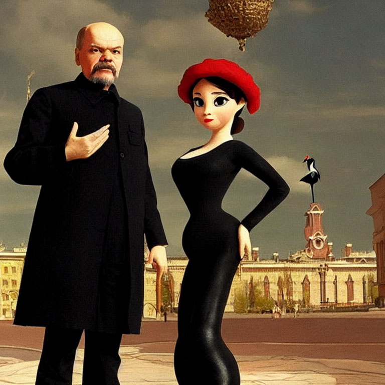 Stylized man in suit with animated woman in black dress and red hat in classical architecture square