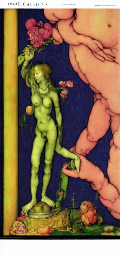 Art Nouveau Nude Female Figure on Pedestal with Floral Border