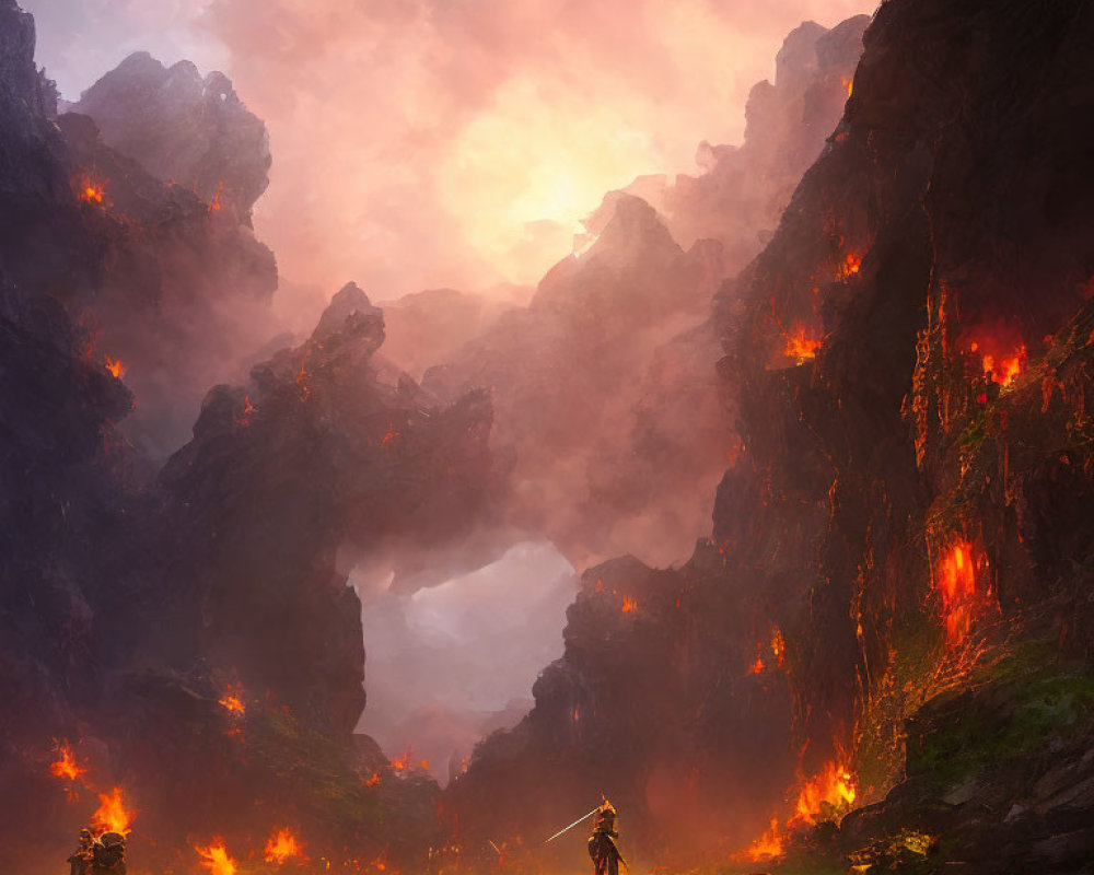 Warrior in mystical valley under glowing sky faces distant figure