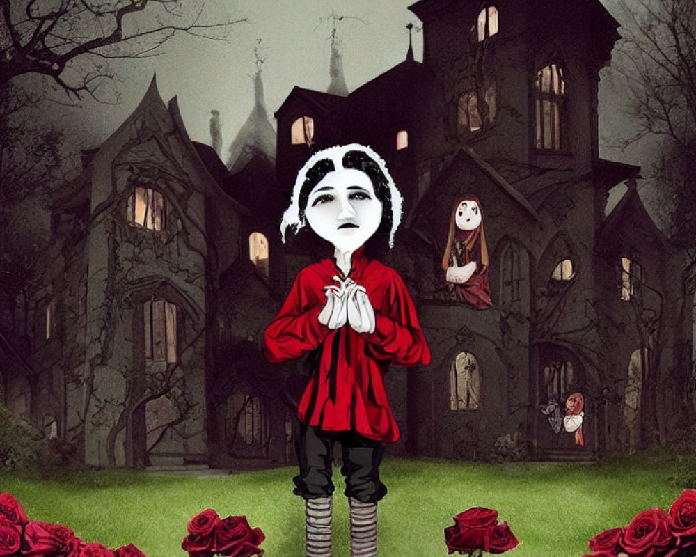 Stylized image of character in red hoodie at gothic house with roses