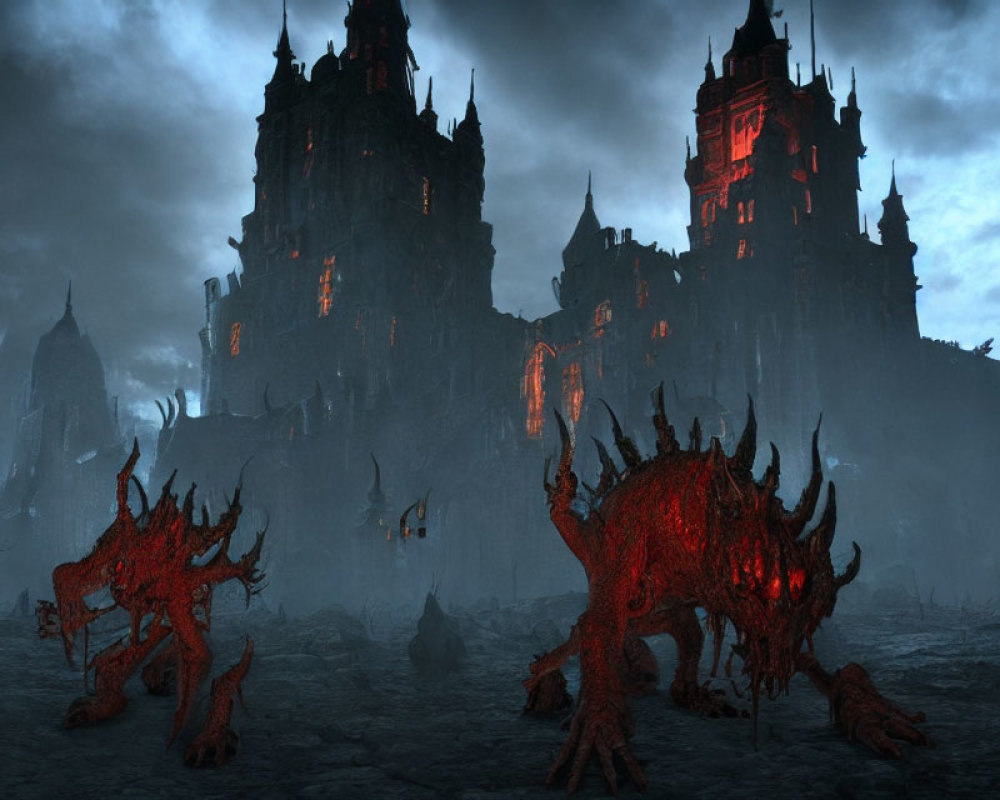 Gothic castle with red windows, demon guards, stormy sky - dark, eerie landscape