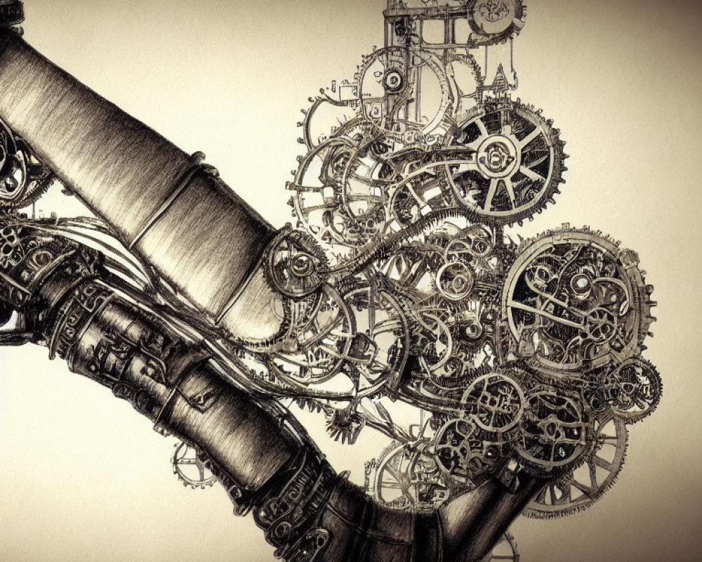 Detailed Sepia-Toned Sketch of Intricate Steampunk Mechanical Arm