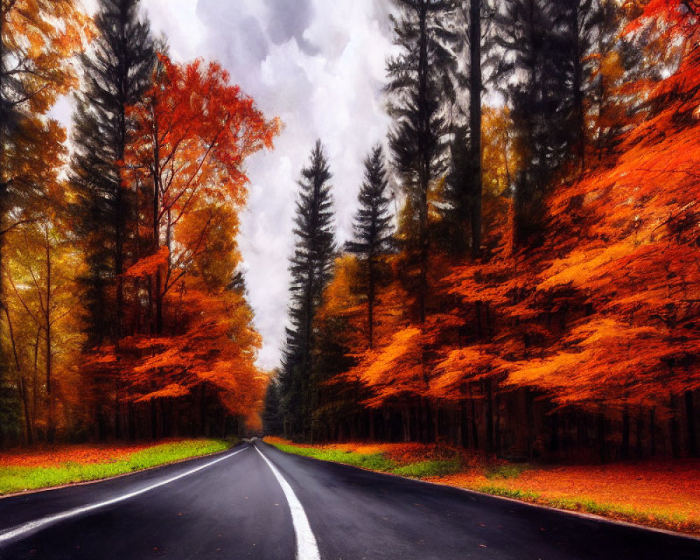 Scenic autumn road with red and orange trees under moody sky