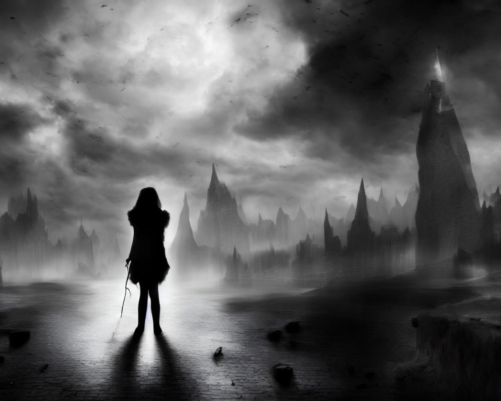 Monochrome fantasy landscape with silhouetted figure and spire-like structures