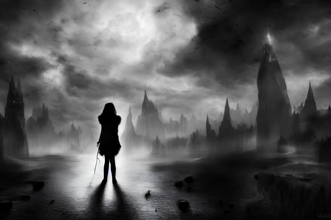 Monochrome fantasy landscape with silhouetted figure and spire-like structures