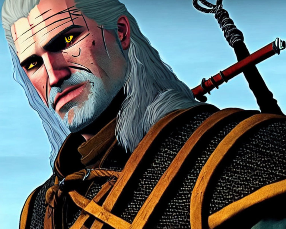 White-Haired Warrior with Scars in Leather Armor and Sword
