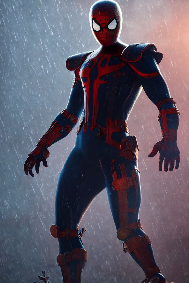 Spider-Man costume in rain creates silhouette effect