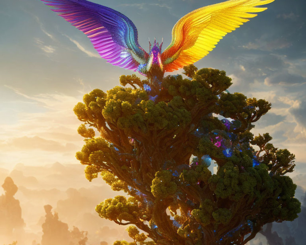 Colorful mythical bird perched on lush green tree under golden sunset clouds
