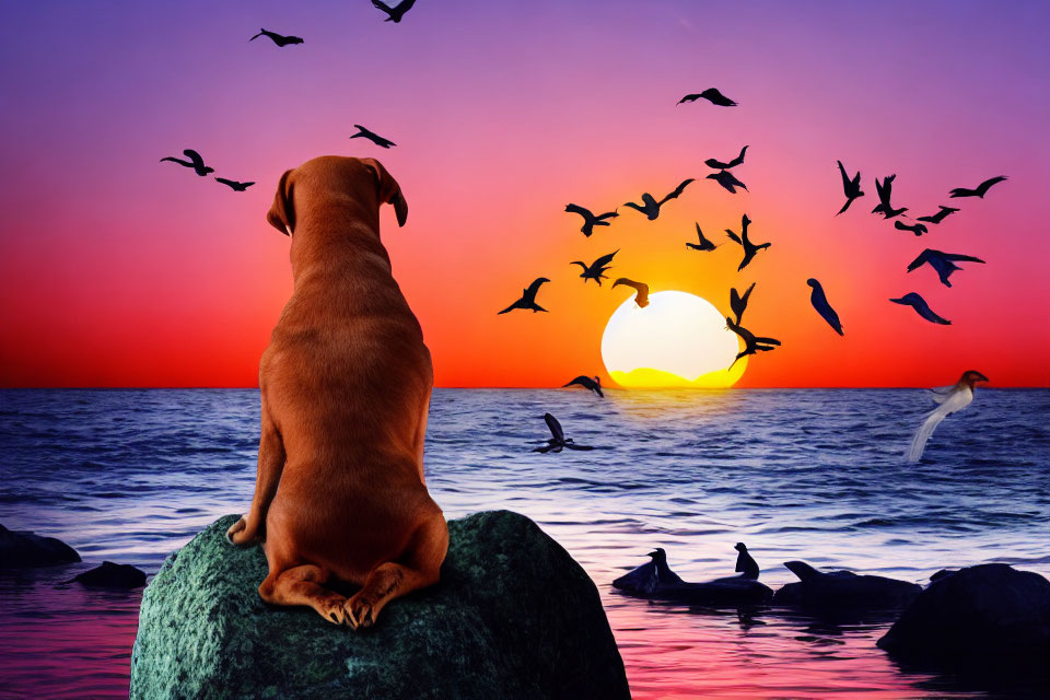Dog sitting on rock at sunset with birds in sky