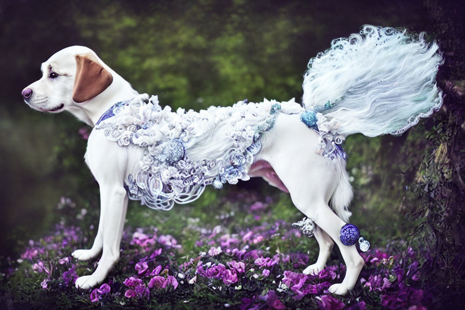 Beagle Dog in Blue and White Costume Among Purple Flowers