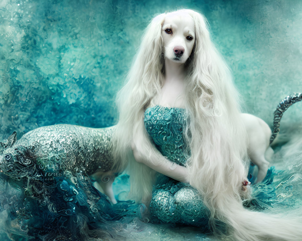 White Long-Haired Dog and Mythical Lizard Creature in Dreamy Blue Setting