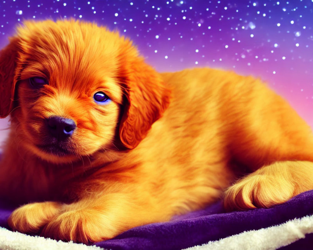 Adorable Golden Puppy with Blue Eyes on Purple Blanket Against Starry Violet Background