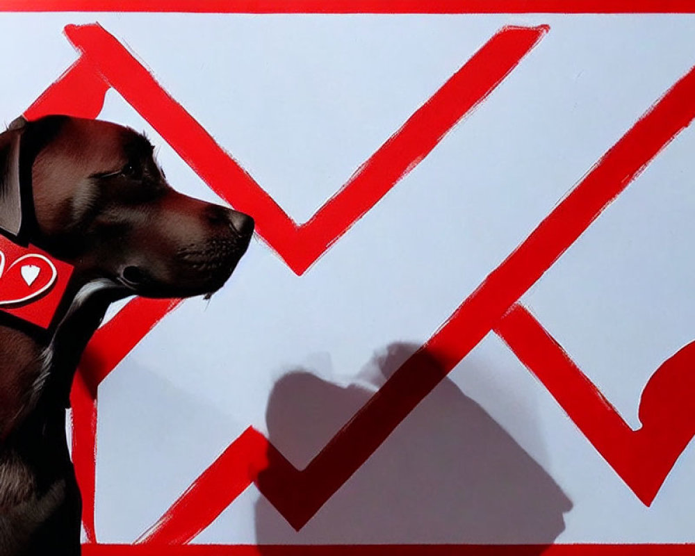 Brown dog with heart collar on red checkmark background