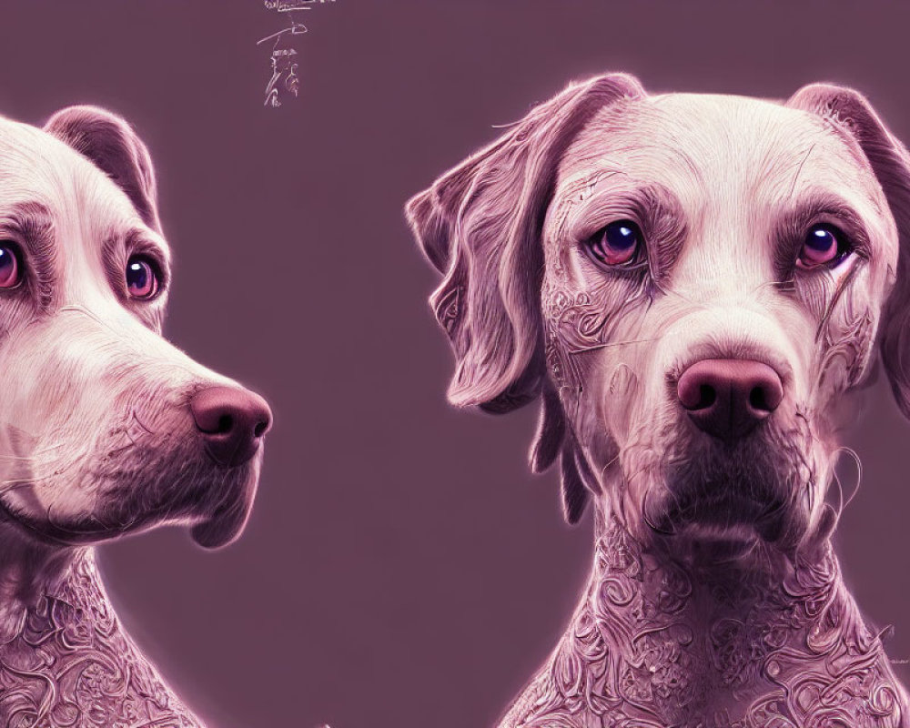 Illustrated lavender-hued dogs with intricate fur patterns.