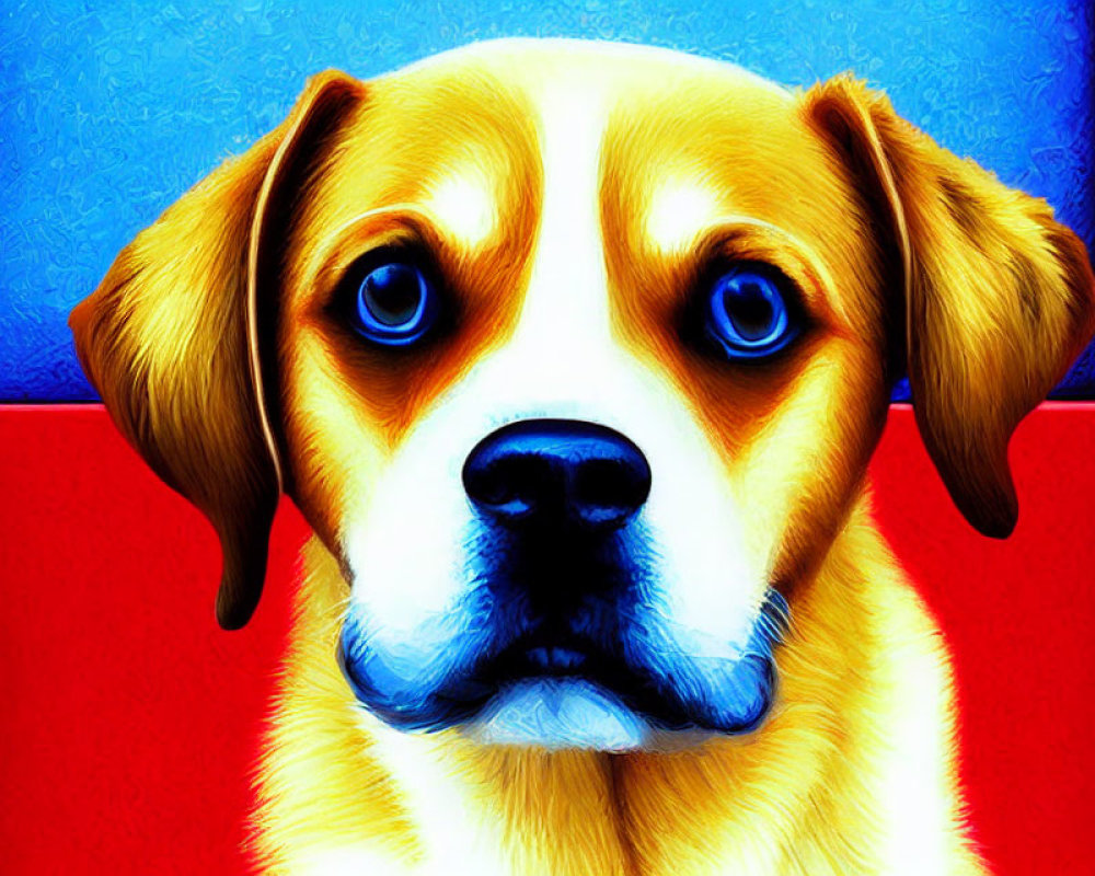 Digitally Enhanced Image of Dog with Blue Eyes and Yellow-White Fur on Red-Blue Background