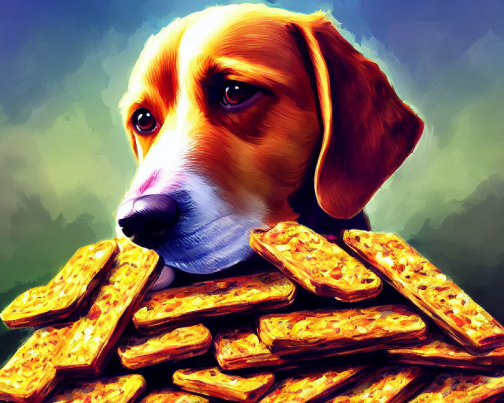 Wistful dog with biscuits on green background