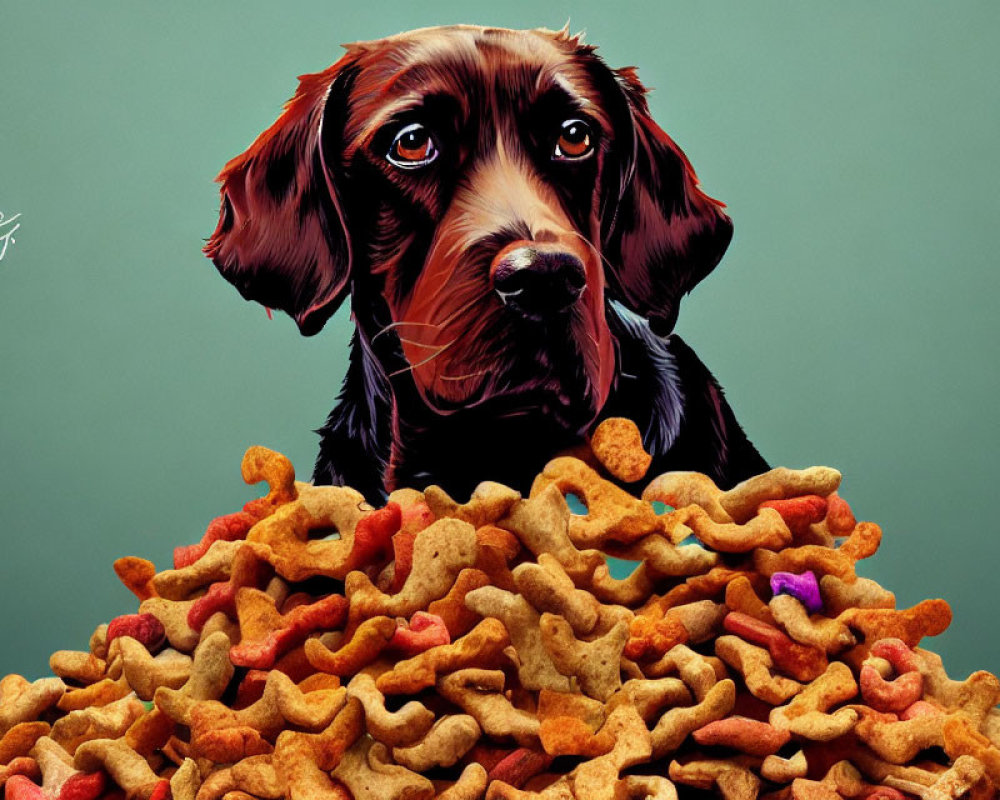 Brown and Black Dog Longing Over Colorful Dog Treats on Green Background
