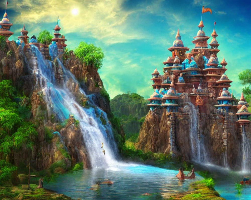 Majestic waterfalls, towered castles, lush greenery in fantasy landscape
