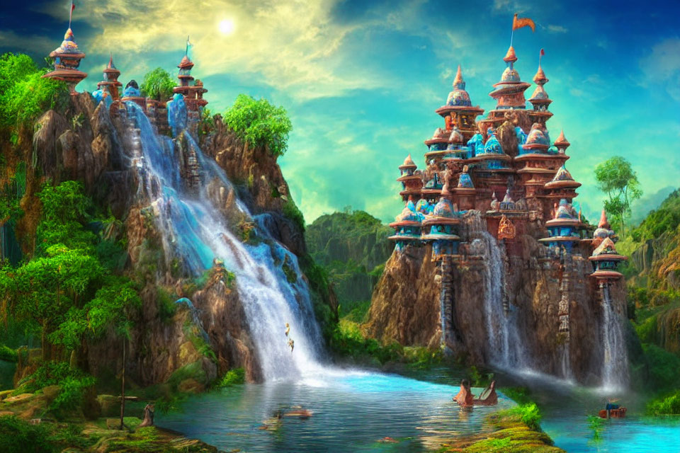 Majestic waterfalls, towered castles, lush greenery in fantasy landscape